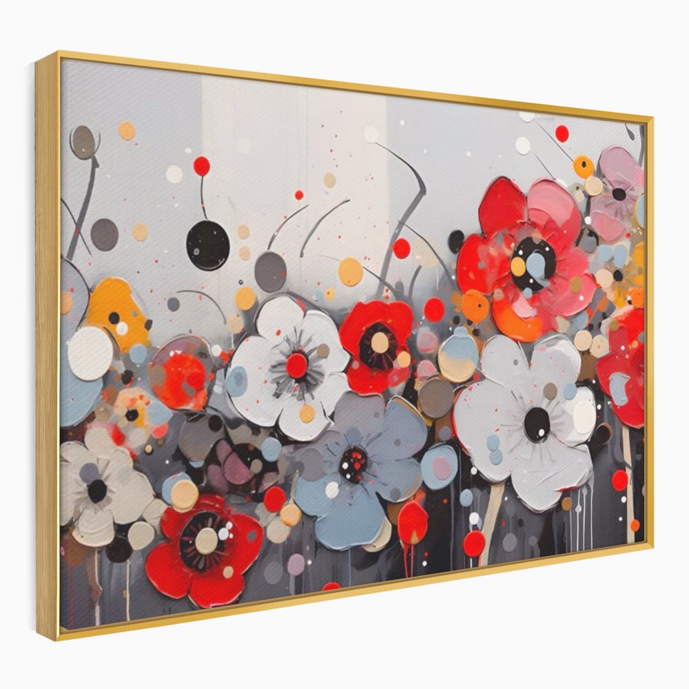Tablou canvas cu pictura canvas cu flori colorate in relief, in rama de aluminiu auriu